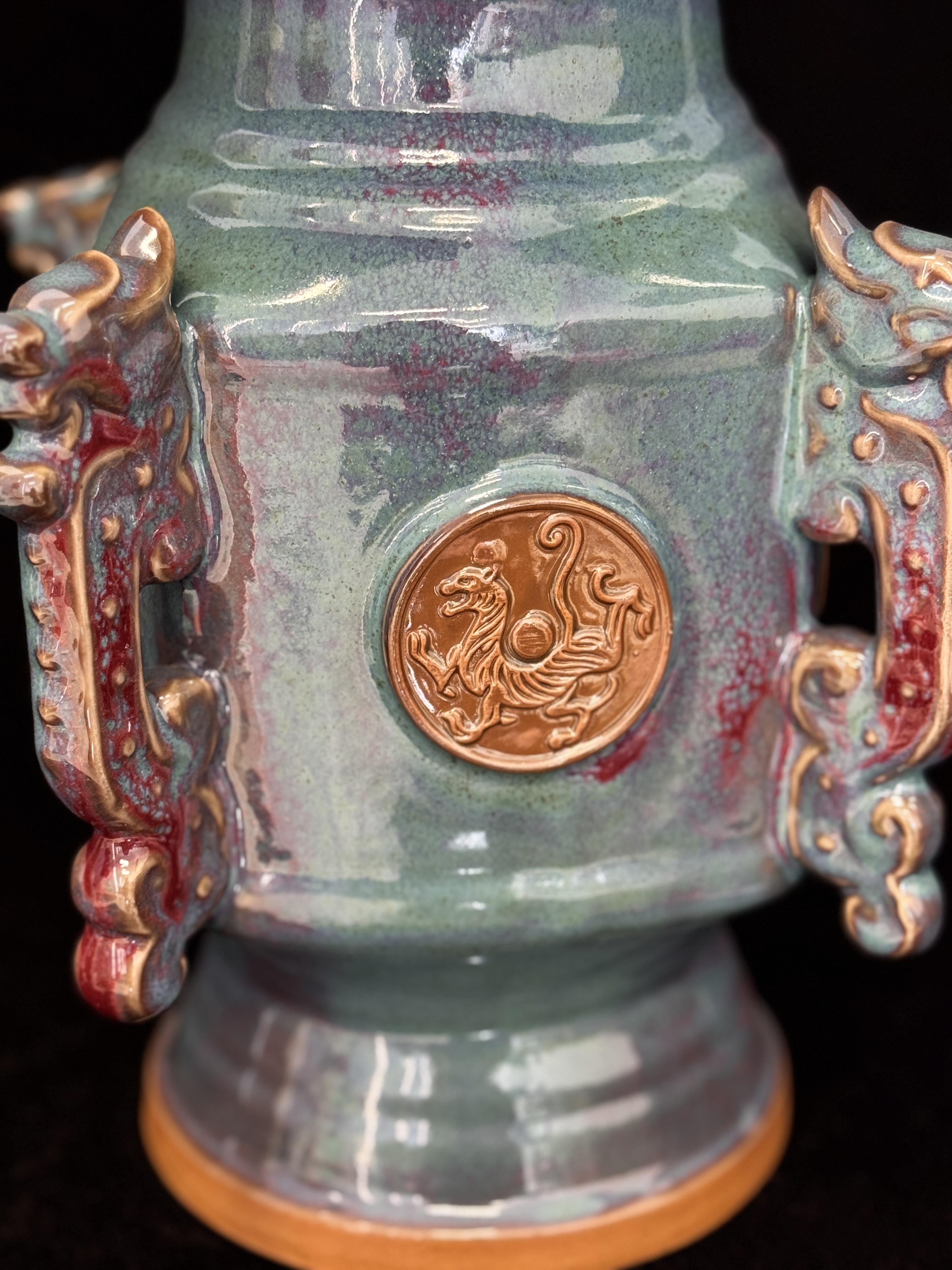 Handmade Chinese Jun Porcelain Vase with Mythical Beast Relief, Vintage Kiln-Fired Glaze Ceramic Vase, Unique Asian Art Home Decor