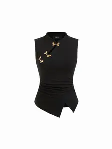 Cider [size 2-10] Mandarin Collar Metal Detail Cut Out Ruched Split Top