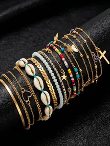 15-Piece Women's Ankle Chain Set, Bohemian Multi-Layer Heart Cross Shell Butterfly Eye Star Bead Rhinestone Snake Skin Anklets