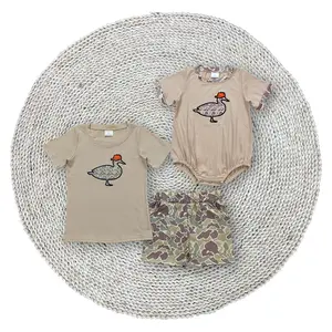 Boys Baby Duck Embroidery Khaki Shirts Top Summer Camouflage Shorts Outfits Matching Short Sleeve Rompers