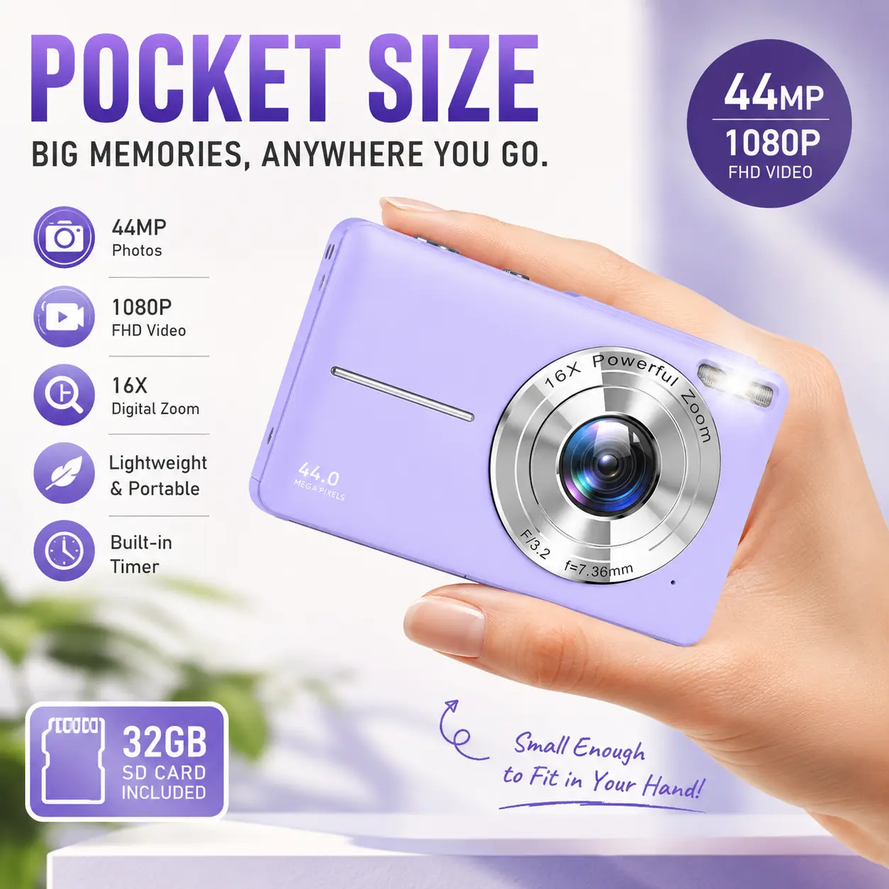 CAMKORY Portable Pocket Vlogging Digital Camera - 32GB Micro SD Card, Wrist Strap, Self-Timer, Anti-Shake, 16X Zoom, 1080P FHD, 44MP Point & Shoot for Daily Photography, Cool Mini Gadgets for Purse Digital Cameras, Teenage Boy Girl Gifts