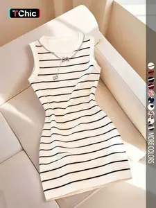 Women's Sleeveless Bodycon Fit Round Neck Dress with Striped Print, Elegant Chic Womenswear Dress for Spring/Summer