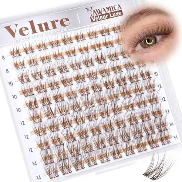 Brown Lash Clusters Natural Velour Eyelash Clusters 8-14mm Wispy Individual Lashes Light Brown Cluster Lashes CC Curl Lashes Clusters with Wide Band for Your Lashes But Better Look by Yawamica