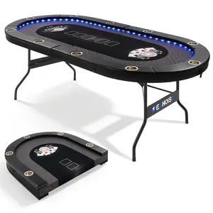 10 Player 84'' Foldable Poker Table for Game Night, Portable Casino Poker Table with Metal Legs, Cup Holders, LED Accent Lights & Casino-Grade Felt, Texas Hold’em & Blackjack