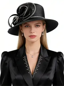 Elegant Women's Church Hat, Vintage Satin Rhinestone Charm Party Hat, Wedding Bridal Hat, Fashion Wide Brim Sun Hat, Sunday Church Hat