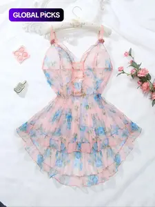 Plus Size Ditsy Floral Print Cut Out Frill Sheer High Low Ruffle Hem Sexy Adjustable Cami Mesh Dress, Romantic Fashion Casual Sexy Outfits for Daily Outdoor Wear, Women's Plus Size Clothes for All Seasons