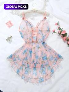 【plus size】ditsy floral print cut out frill sheer high low ruffle hem sexy cami mesh sleeveless dress, romantic fashion casual sexy outfits for daily outdoor wear, women's plus size clothes for all seasons, lightweight womenswear, clothes for women