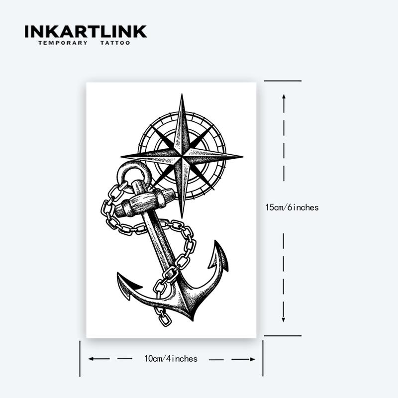 INKARTLINK Tattoo Tech, 2 Sheets Large Semi Permanent Tattoo, Adult Art Design Temporary Tattoos, Lasts 1-2 Weeks, Waterproof, Realistic Look, No Adhesive, No Reflection (Compass Ship Anchor Design)
