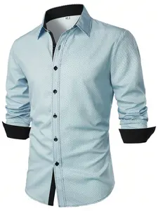 Men's Polka Dot Long Sleeve Shirt, Business Casual Style, Button Front Design, Fitted Fit, Border Color Block, Daily Commute Wear, Casual Stylish Menswear
