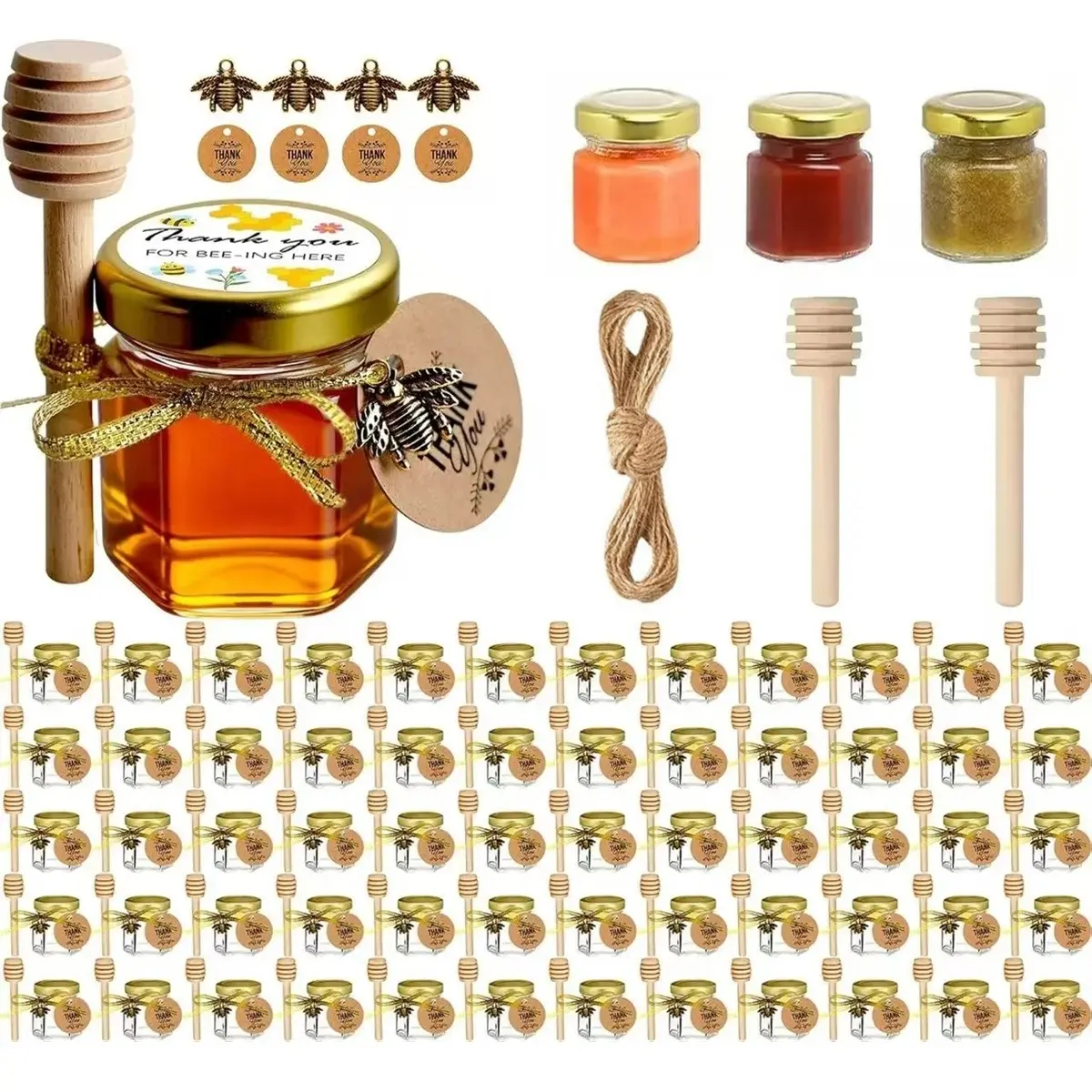 60-Pack Mini Glass Honey Bottles with Wooden Dippers, Gold Metal Lids, Bee Pendants, Gold Fabric Ribbons - Home Storage Jars Supplies, Table Accents for Party Giveaways, Wedding Favors