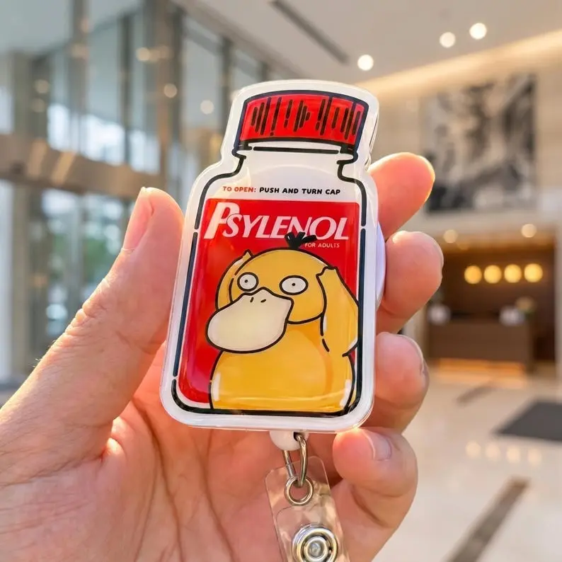 Psylenol Psyduck Badge Reel, Funny Retractable ID Holder, Cute Pharmacist Acrylic Badge Reel