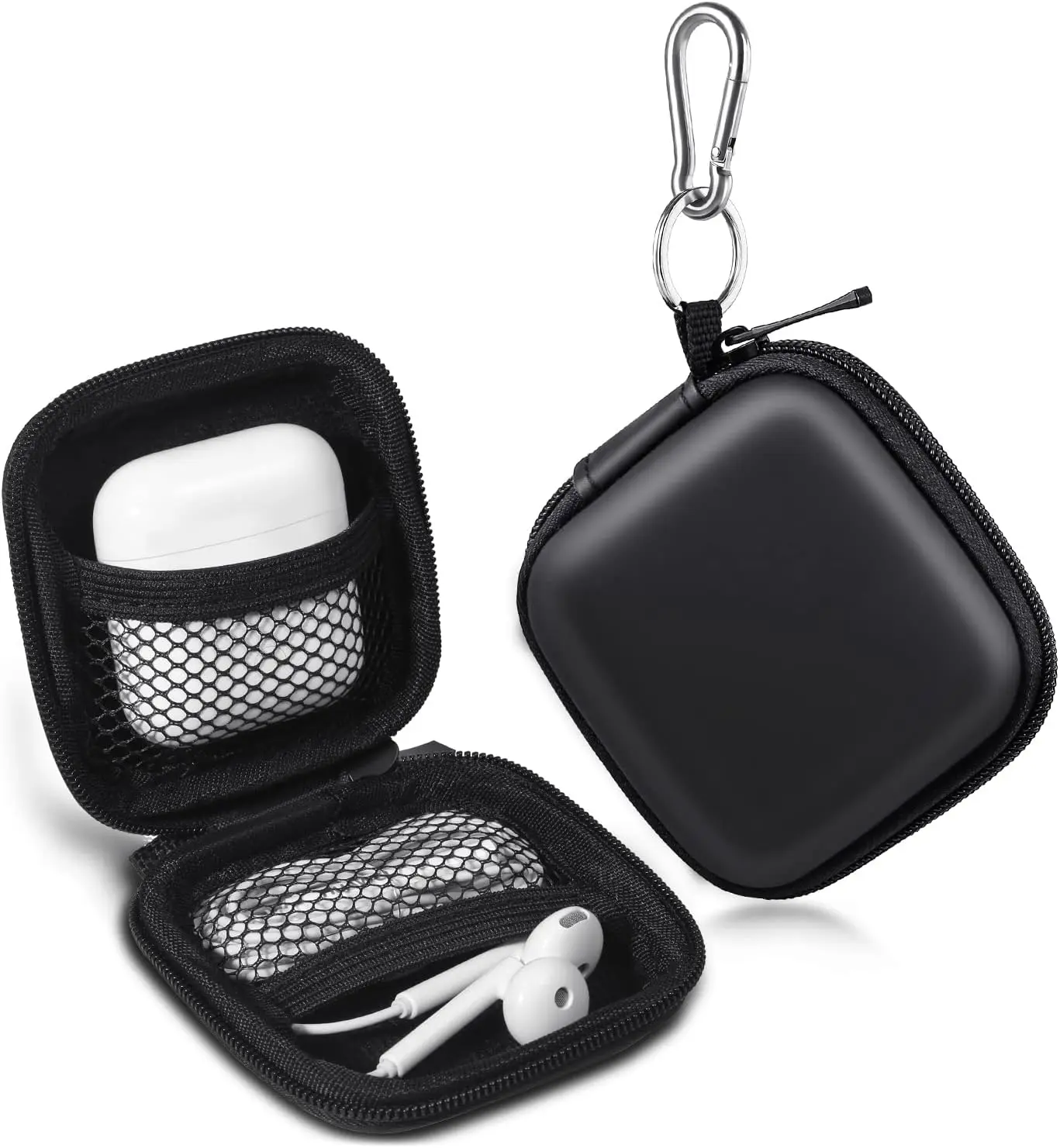 Earbud Case, Earphone Case Headphone EVA Earbud Holder with Stainless Steel Carabiner Cell Phone Accessories Organizer Mini Earbud Pouch for Wireless Earbuds, Bluetooth Headset, SD Memory CardGift..