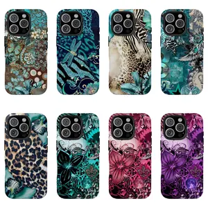 Vintage Teal Leopard Zebra Butterfly Collage Art Tough Shockproof Rugged Protective Cover, Military Grade Drop Protection, Vintage Teal Leopard Zebra Butterfly Aesthetic Design for iPhone 11 12 13 14 15 16 17