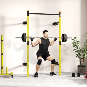 Folding Squat Rack with Pull Up Bar – Wall Mounted & Adjustable. 1000 lbs Capacity Power Rack. 17 Height Levels (9.8"-72.8"). Folds to 48" x 2" x 89.8". Yellow