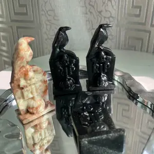 Hallowen Tombstone Carvings Black Obsidian and Jasper Natural Crystals Home Ornament High-Quality Affordable Price