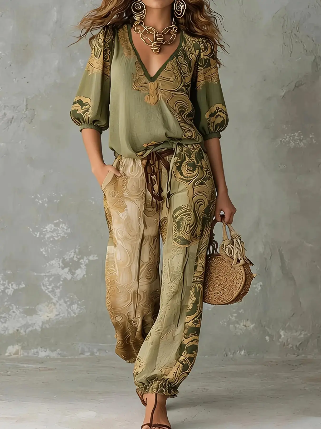 Women's Ethnic Print V-Neck Bubble Sleeve Top and Pants Set, Casual Vacation, Retro Two-Piece Suit, Comfortable and Stylish