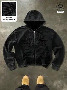 Men's Casual Zip-Up Hoodie with Gothic Embroidery, Vintage Washed Cotton, Street Style, Comfortable Daily Wear, Hip-Hop Fashion