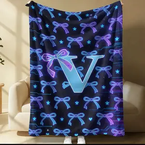 Cyber Neon Letter V Bow Flannel Blanket, Personalized Letter V Bow Multi-Use Blanket, Skin-Friendly Breathable Cyber Style Warm Blanket, Suitable for Bedrooms & Living Rooms & Dormitories, All-Seasons Use