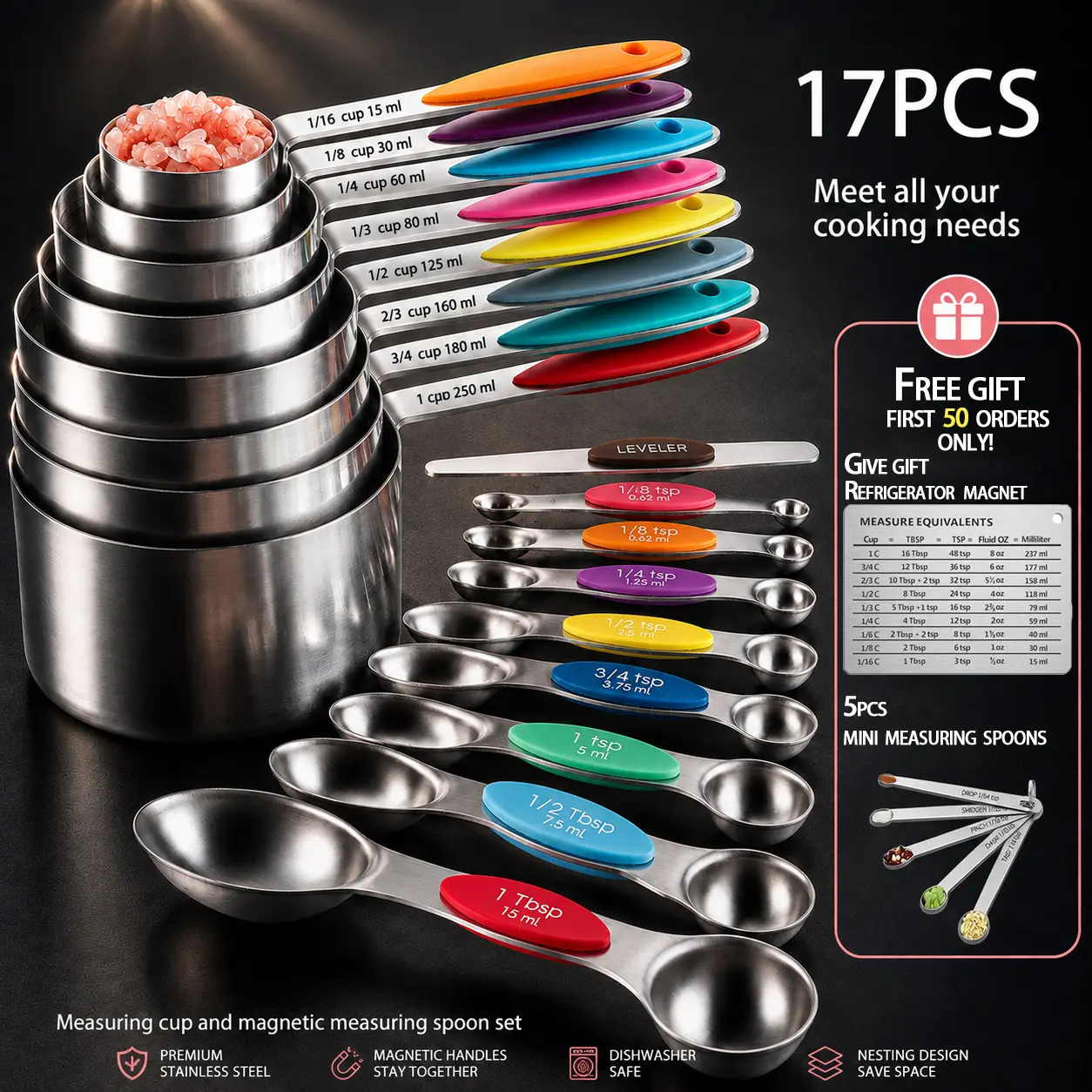 17-Piece High-End Stainless Steel Measuring Cup & Magnetic Measuring Spoon Utensils Set - Metric Marked, Accurate Dry/Liquid Measurement, Non-Slip Silicone Handle, Food-Grade Heat-Resistant, 1 Straightener for Kitchen Cooking Needs (Black Friday Pick)