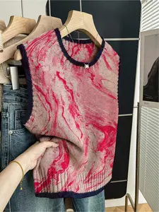1 piece + Spring/Summer Back-to-School Casual Style Loose Round-neck Sleeveless Knitted Color-Contrasting Dark Blue Edged Red Blush Printed Spring Women's Knitted Crop Top for Outfits, to be paired with a vest, can be worn alone Womenswear