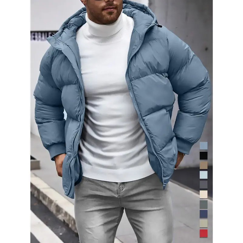 Men's Plain Pocket Zip Up Thick Warm Hooded Puffer Coat, Regular Fit Long Sleeve Padded Winter Coat, Menswear, Cold Weather Gear, Mens Clothing, Jackets for Men, Jackets, Men's Clothing