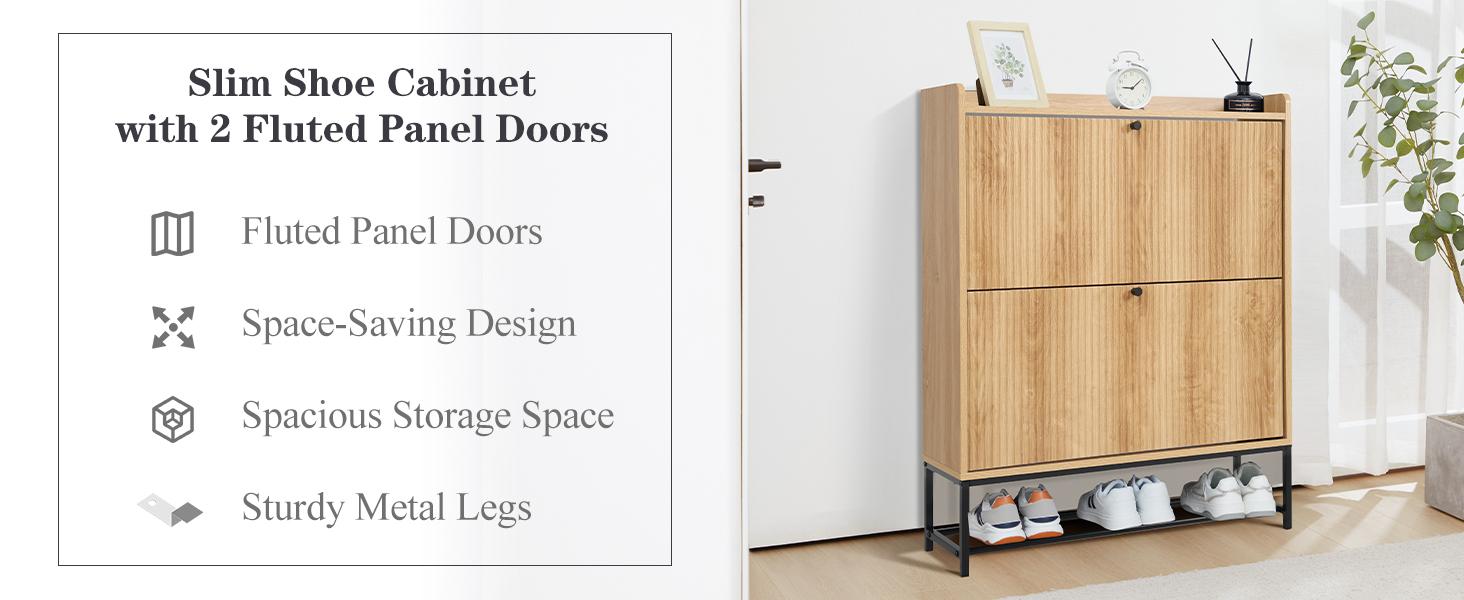 Giratree Fluted Shoe Cabinet with 2 Flip Drawers, Modern Slim Shoe Storage Organizer, Narrow Entryway Shoe Rack, Tipping Shoe Cabinet with Metal Legs for Heels, Boots, Slippers in Entrance