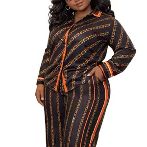 African Fashion Stripe Two Piece Set Women Spring Autumn Casual Button Long Sleeved   Shirt Wide Leg Pants set