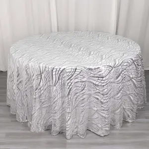Mesh Round Tablecloth 120" Silver - Wave Embroidered Sequin Table Cover