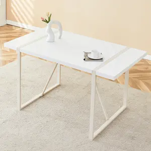 [SOIYELIFE]1.5" Thick MDF Cream-Style Dining Table with White Metal Frame, Perfect for 4-6 People, Suitable for Kitchen, Terrace, and Dining Room