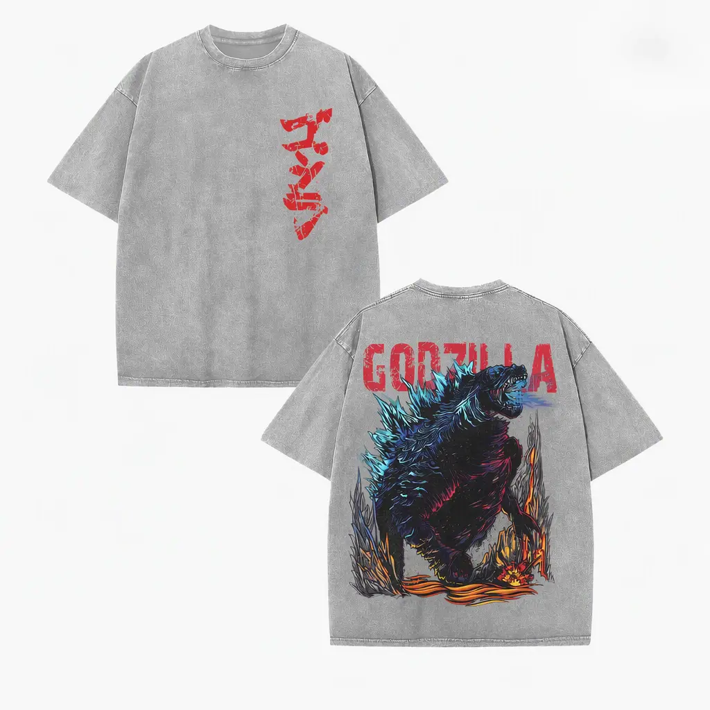 Godzilla Blue Neutron Kaiju Robot Mecha Retro Monsterverse Unisex Vintage Washed Double Printed Heavyweight Cotton Oversized Wash Tee, Hoodie Washed Workout Clothes, Gym Workouts, Clothes for Daily Wear vintage style top fathersdaygift