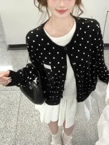 Early Autumn Polka Dot Round Neck Two-Piece Knitted Cardigan for Women, Stylish Casual Everyday Wear, Perfect for Fall Fashion, Womenswear
