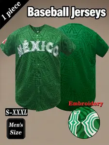Mexico New baseball jersey embroidered design daily casual short sleeved V-neck comfortable breathable baseball shirt button cardigan Embroidery Jersey suitable for outdoor sports and games, street fashion hip-hop outfit for both men and women
