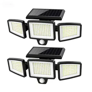Two solar-powered outdoor lights, 2500 lumens, 208 LED beads, for patio lighting, three-head motion sensor, 270° wide-angle floodlight, suitable for patios and walkways.