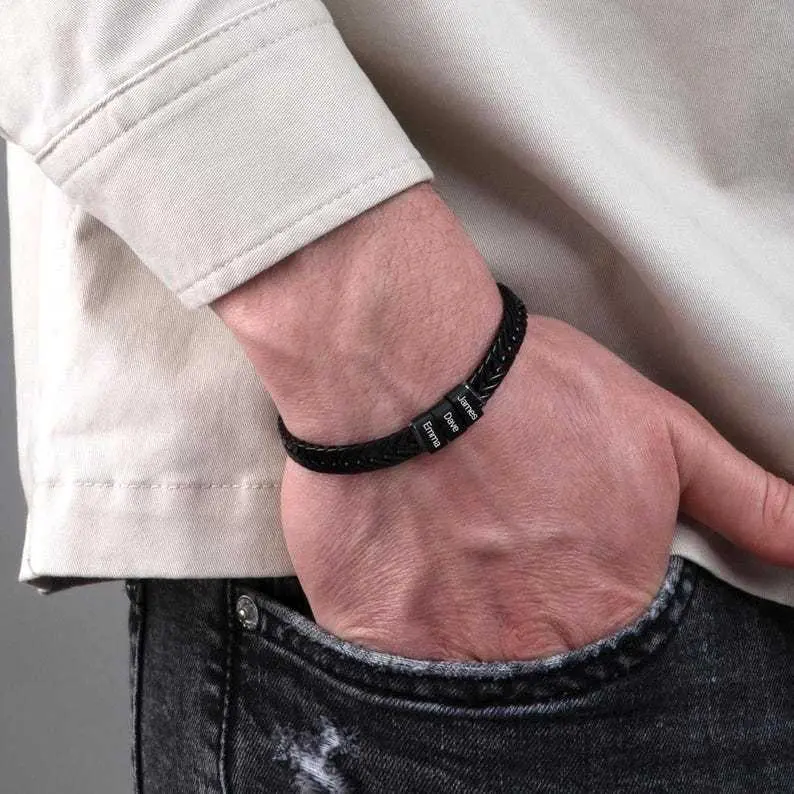 Custom Engraved Black Cuban Link Bracelet - Unisex Stainless Steel Jewelry with Personalized Name Beads, Bold Look, Unisex Fit for Everyday Wear