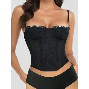 Black Lace Bustier Corset Tops for Women - Basic Sleeve Comfort Fabric, Minimalist Short, Sexy Going Out Party Club Top with Buckle Shapewear