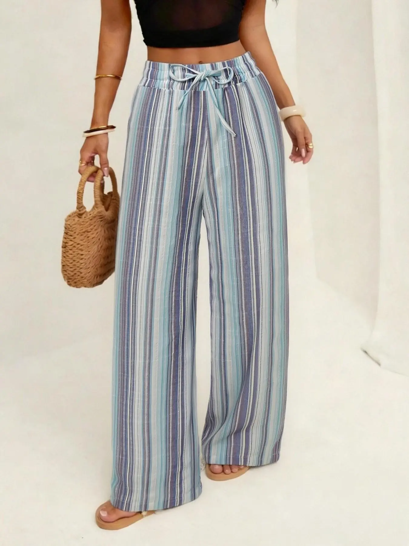 women's bohemian-style wide-leg straight pants, Loose with high-waisted adjustable elastic drawstring and relaxed fit, are ideal for summer beach vacations and everyday casual wear, made from a comfortable, Lightweight, Breathable fabric