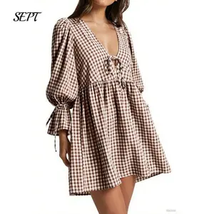Women's Gingham Puff Sleeve Tie Front Babydoll Mini Dress