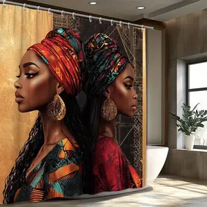 Colorful African girl printed shower curtain, perfect for bathroom decoration, partitioning, beautifying space, made of durable polyester material, easy to clean, machine washable, available in multiple sizes, comes with shower curtain hooks.