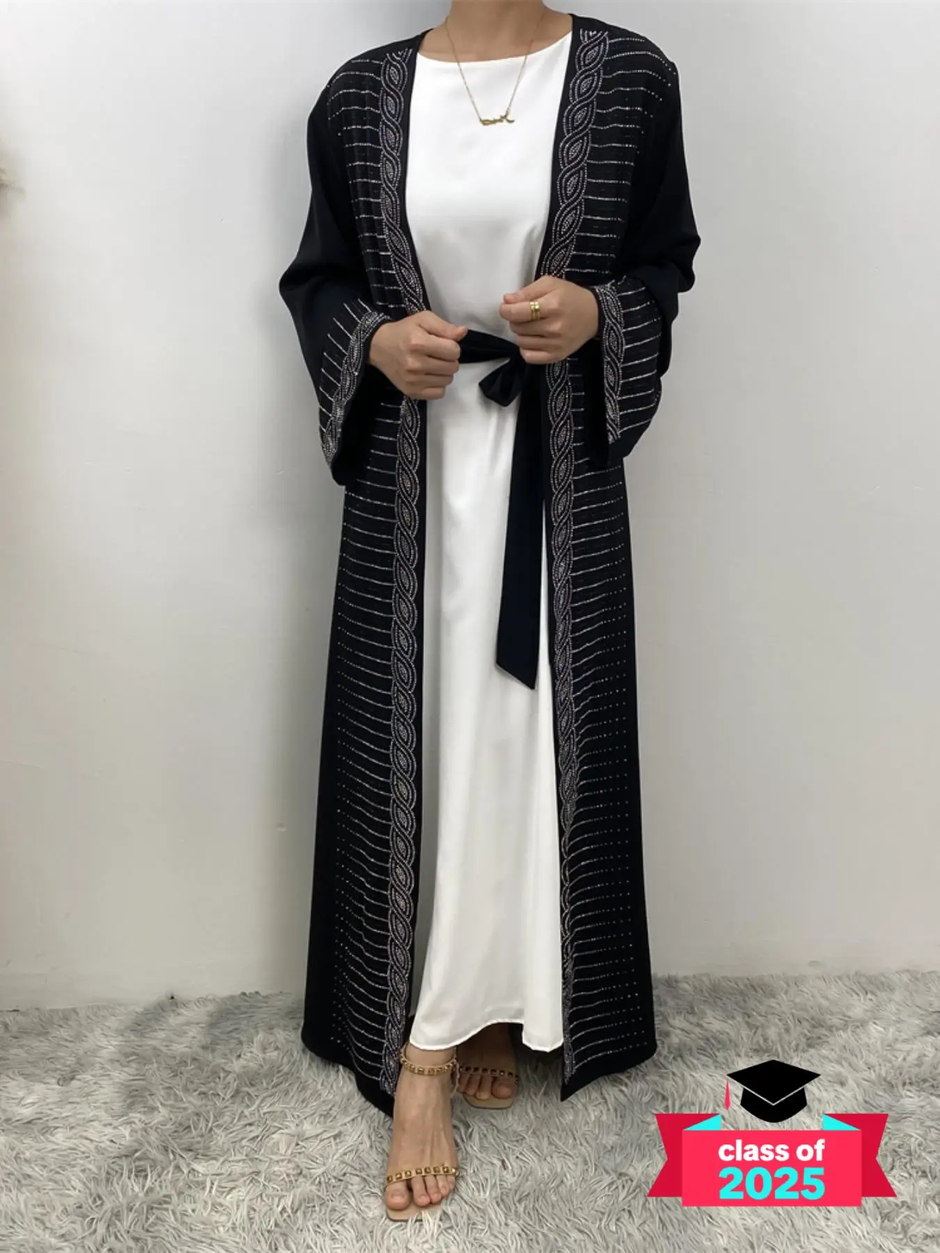 Women's Solid Color Rhinestones Decor Belted Abaya, Modest Casual Long Sleeve Abaya for Daily Wear, Ladies Islamic Clothing for All Seasons
