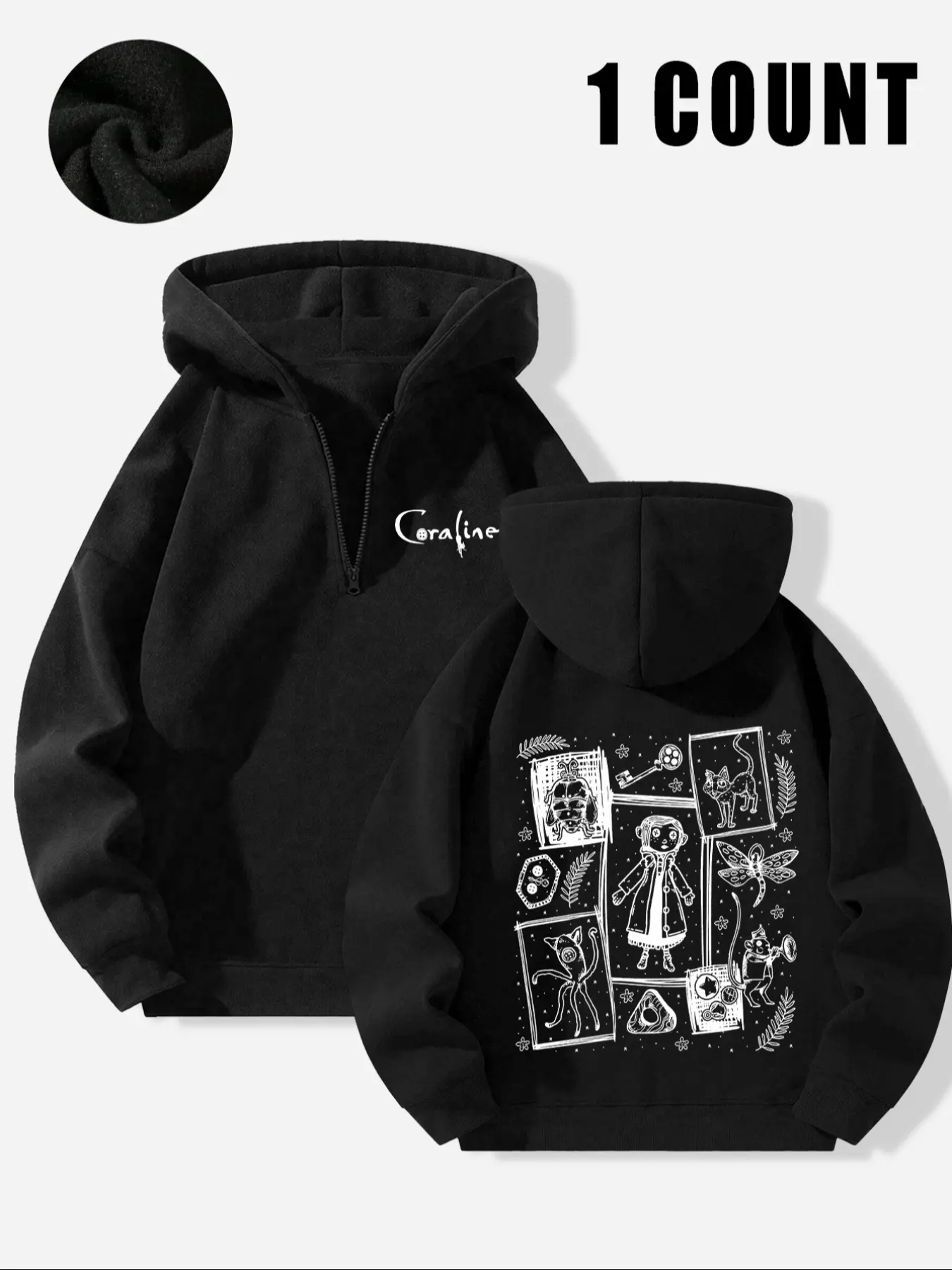 Women's "Coraline" Dark Fairy Tale Printed Hoodie, Cartoon Print Hoodie, a black half-zip Long Sleeve Fit hoodie with character elements, the perfect gift for "Coraline" enthusiasts and goth fans, suitable for movie nights, niche events, Womenswear