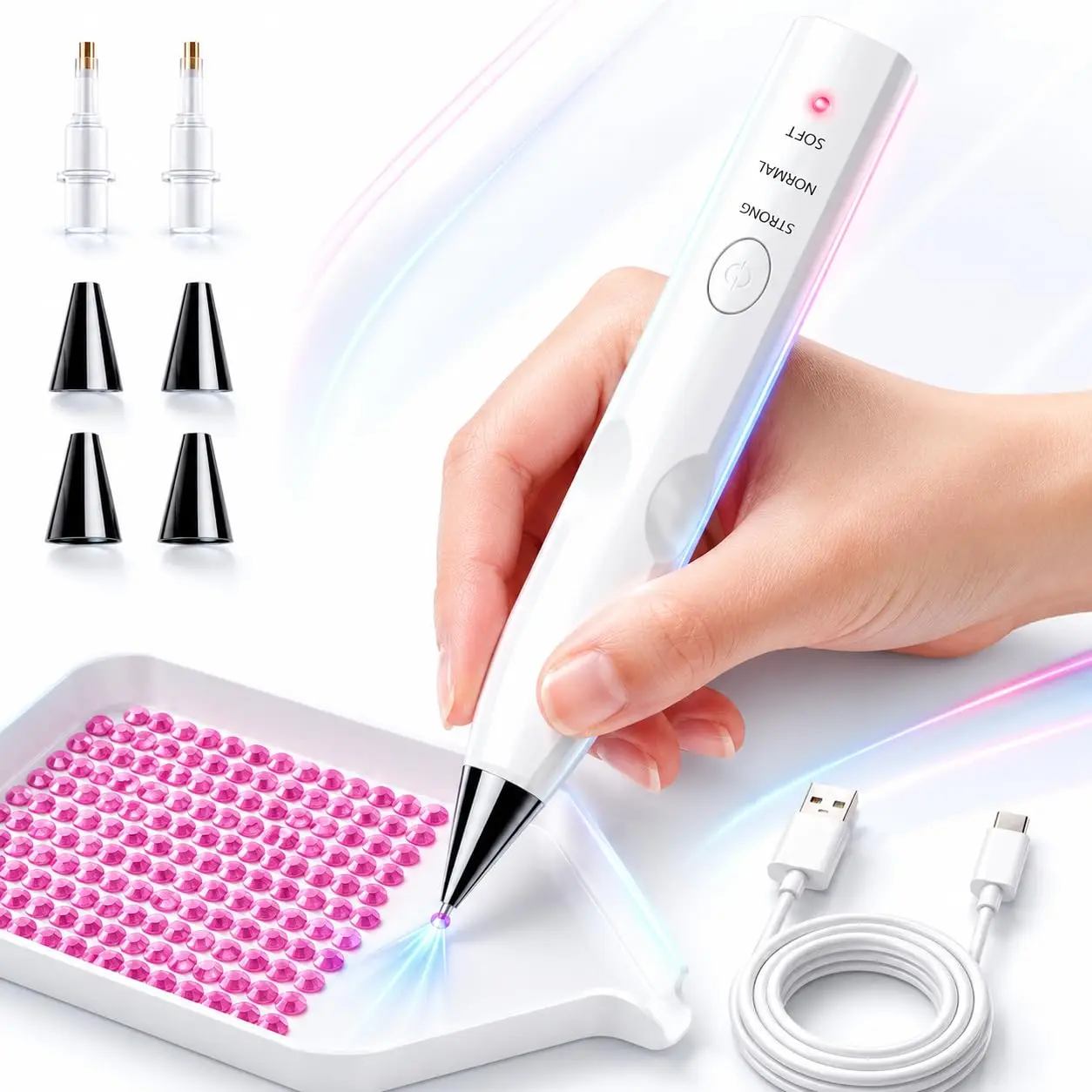 Electric Diamond Painting Pen Kit, Cordless USB-C Rechargeable Diamond Art Tool with Vacuum Pickup, No Wax, 3 Suction Levels, Interchangeable Tips, Low Noise for DIY Craft Lovers