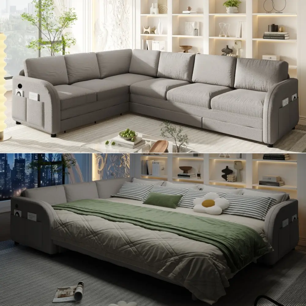 115.2" Long L-Shaped Sectional Sofa (99.3"x73.2"), 6-Seat Modular Convertible Sleeper with Pull-Out Bed, Teddy Upholstery, Left/Right Facing Option, Side Pocket, USB Port, Oversized Frame, Requires Assembly - Sectional Sofas, Sturdy, Iron