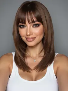 18 Inch Medium Straight Wig with Bangs, Synthetic Hair, Natural Look, Easy to Manage, Suitable for All Ages, Natural Looking Wig