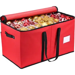 Mrrihand Christmas Ornament Storage Box, Xmas Decoration Organizer with Adjustable Dividers - Storage Container Keeps 128 Holiday Ornaments 3-Inch, Dual Zipper Closure, 600D Tear-Proof Material(Red)