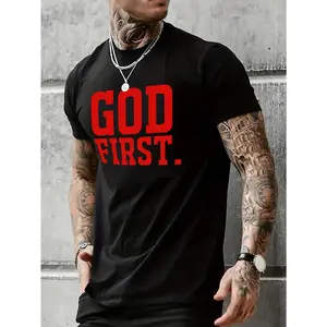 T - shirt featuring bold "GOD FIRST" slogan, for faith - centered fashion