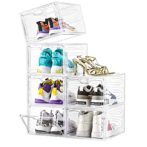 Rectangle Magnetic Shoe Rack Organizer - Thick Plastic, Space-Saving, Sturdy, Stackable Upgraded Storage Boxes (3/6/clear-12 Pack) for Sport Sneakers, White