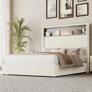 Full size Bed Frame with Tall Storage Headboard, Velvet Platform Bed Full with USB Port & LED Light, Wingback Headboard Shelf & Button Tufted, Modern Diamond and Rivet Design, No Box Spring Needed, Beige