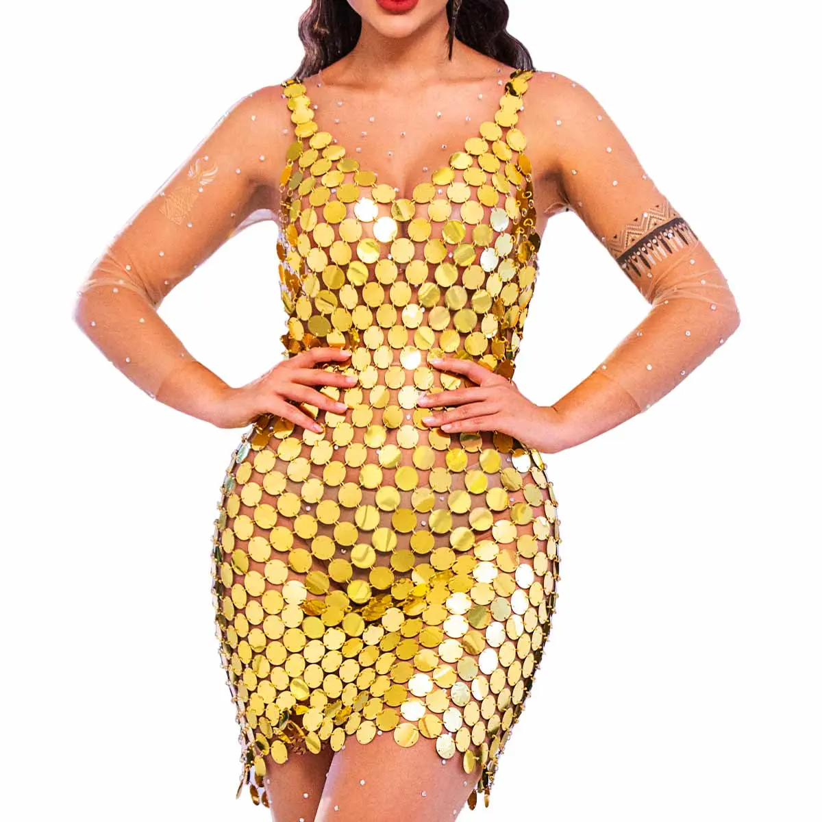 Women Sparkly Sequin Chainmail Mini Dress Gold Dots Nightclub Dress  Sleevess V Neck Body Chain Dress - TikTok Shop