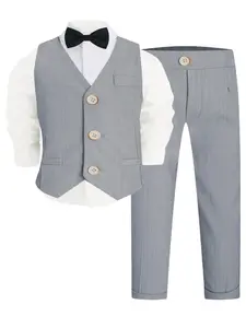 Boys' Gentleman Set, Vest Bow Tie Pants Three-Piece, School Performance Wedding Holiday Formal Wear, All Seasons Fitted Long Sleeve Suit