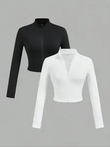 Women's Solid Zip Up Crop Tee, Elegant Fashion Casual Long Sleeve T-shirt for Daily Outdoor Wear, Women Clothing for Fall & Winter, Gym Tops, Gym Outfit Tee, Gym Tees